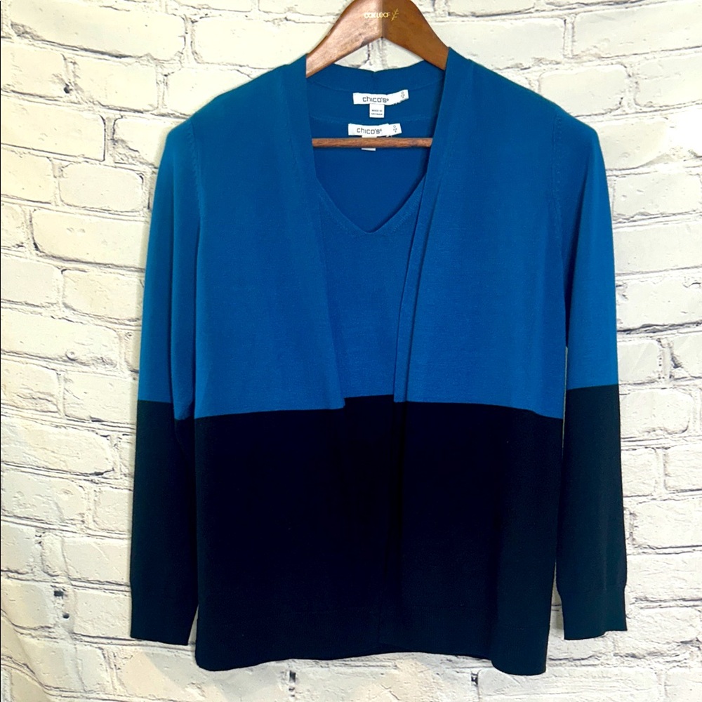 Chico's Blue Black 2-Piece Cardigan Sweater Set Size Small